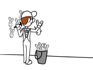 Unser Handwerker nagelt kleine Fische an die Wand
